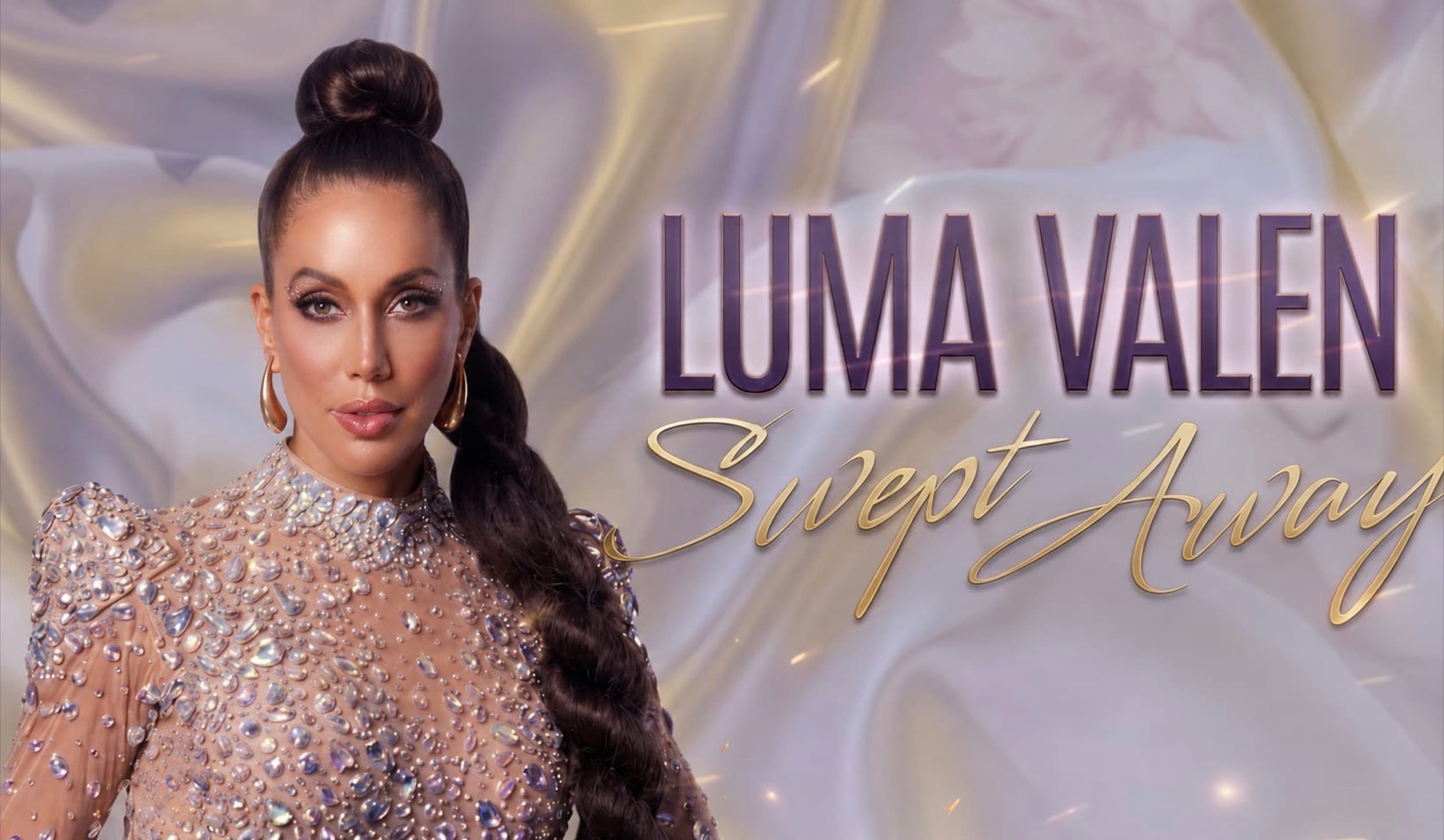Luma Valen in a crystal gown, Swept Away title card in gold script
